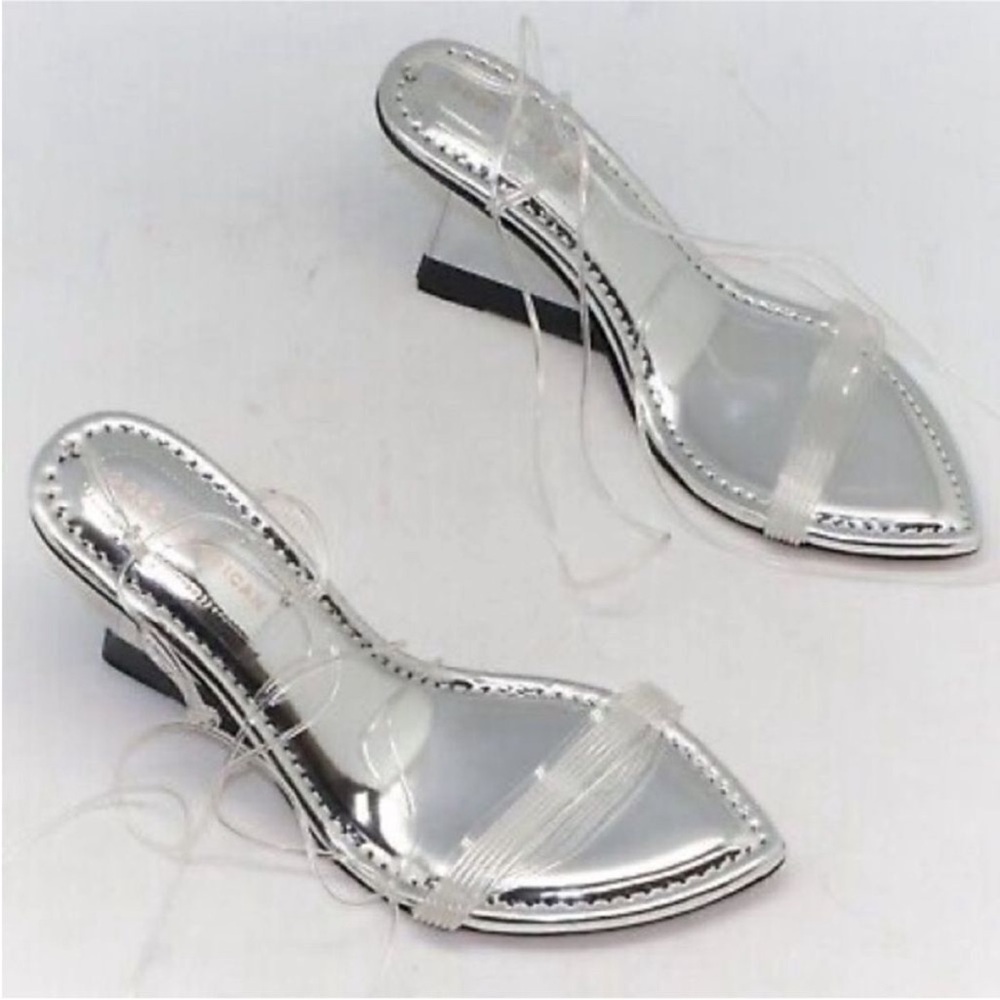 Good American Silver Cinderella Clear Straps Bride Gladiator Heels Formal New 7 - Picture 3 of 9